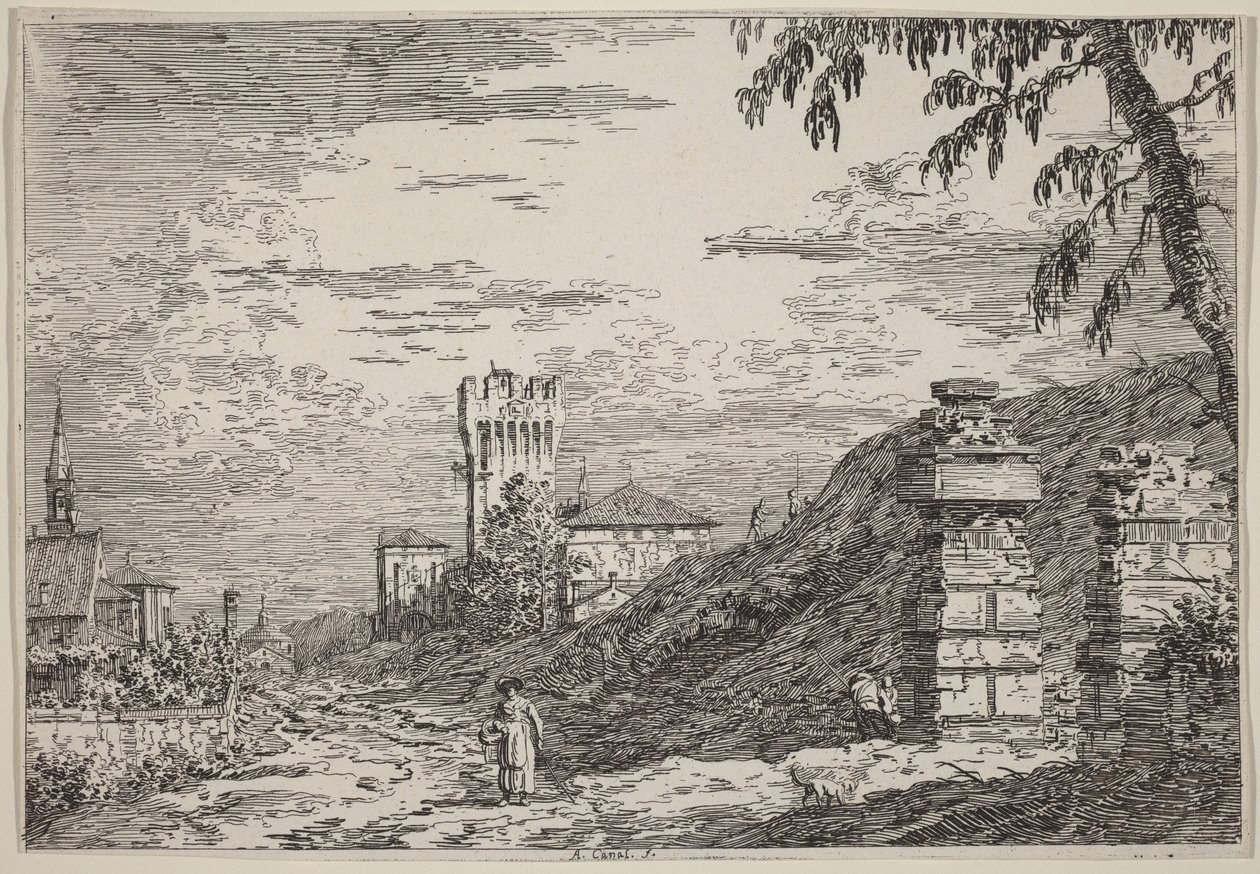 Paesaggio con torre e due colonne in rovina da Canaletto