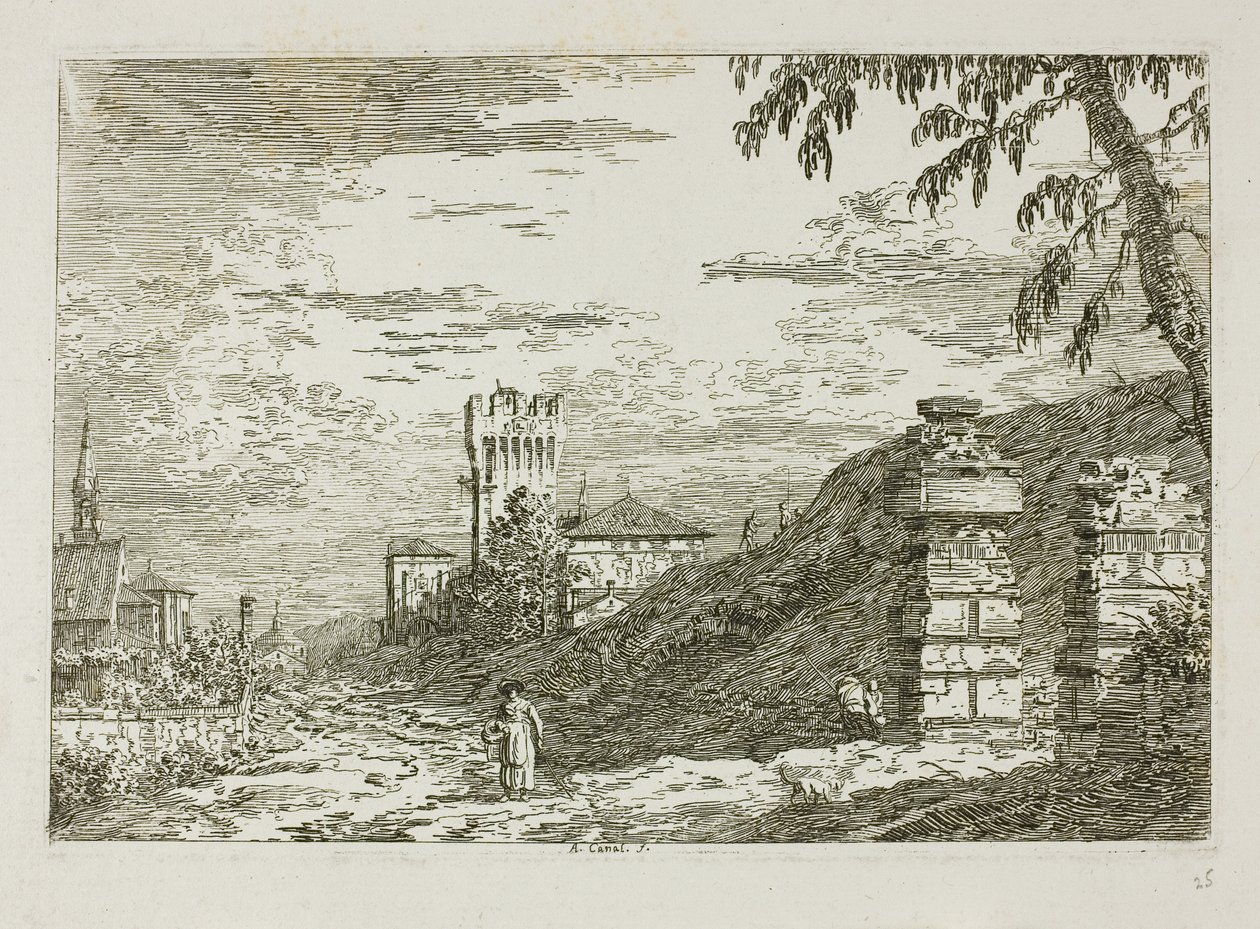 Paesaggio con torre e due colonne rovinate, da Vedute da Canaletto