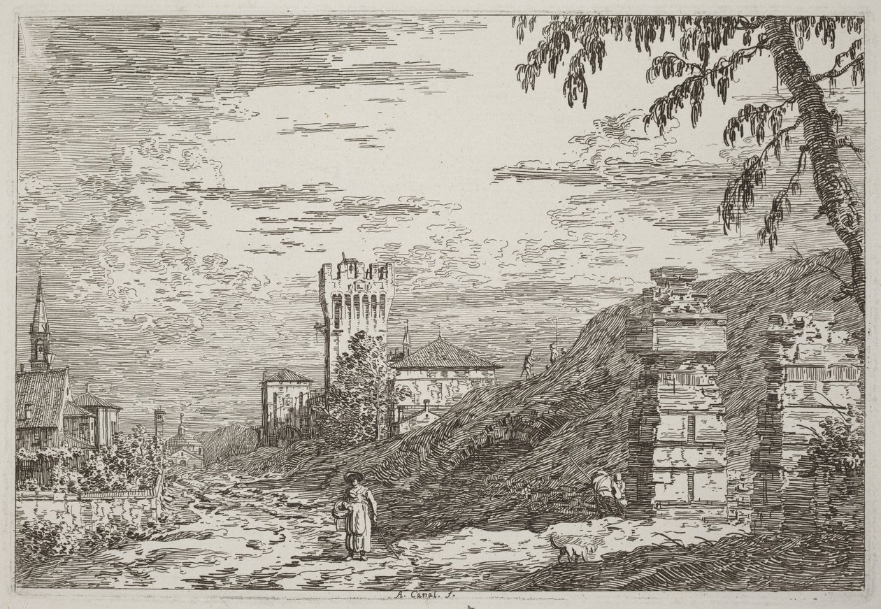Paesaggio con torre e due colonne in rovina [a sinistra] da Canaletto