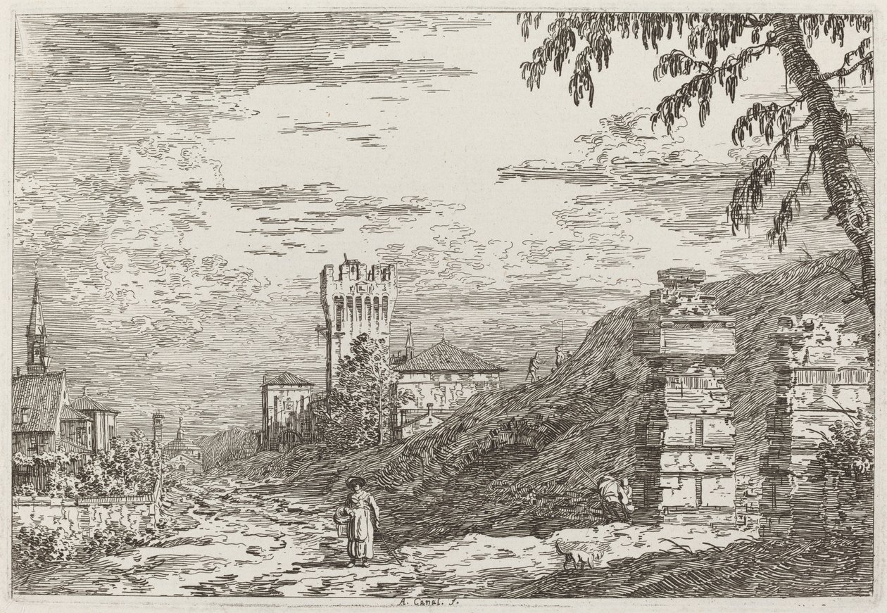 Paesaggio con Torre e Due Colonne Rovinate (sinistra) da Canaletto