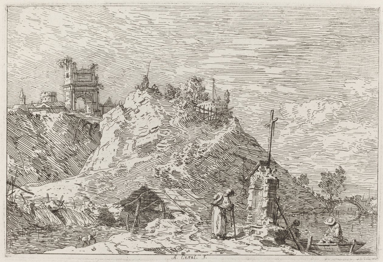Paesaggio con il pellegrino in preghiera [in alto a sinistra], c. 1735-1746 da Canaletto