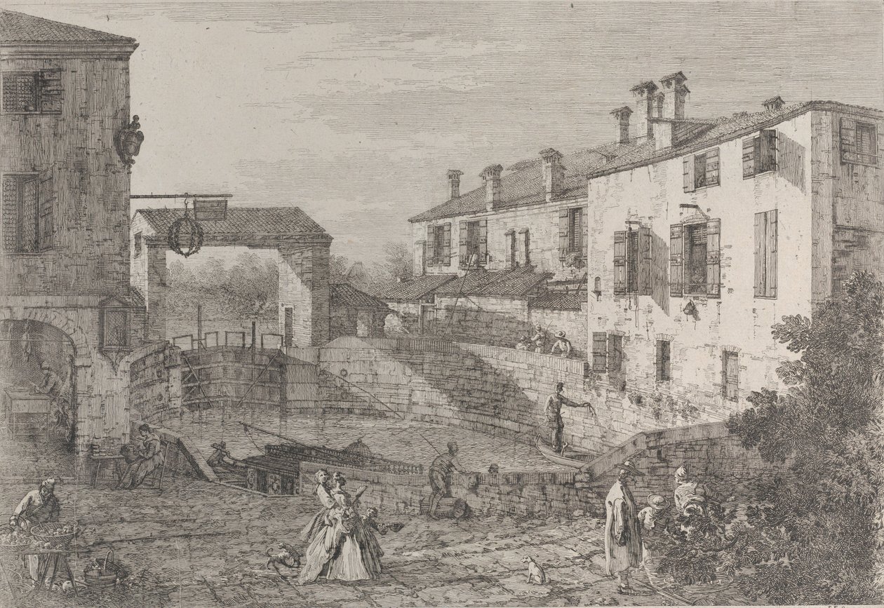 Le porte del Dolo: il bacino ovale delle chiuse a Dolo, con una chiatta ormeggiata al molo da Canaletto