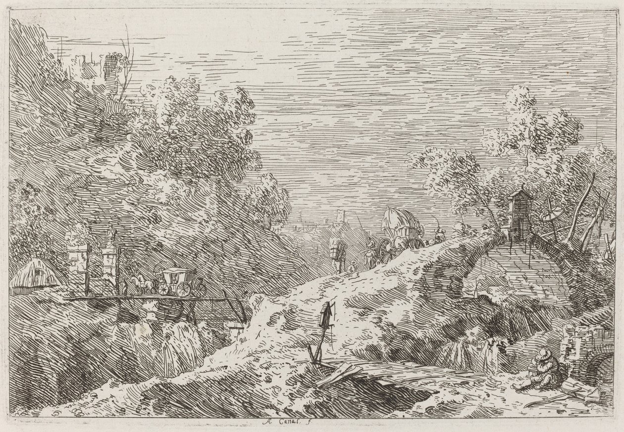 Paesaggio montano con cinque ponti [in basso a destra] da Canaletto
