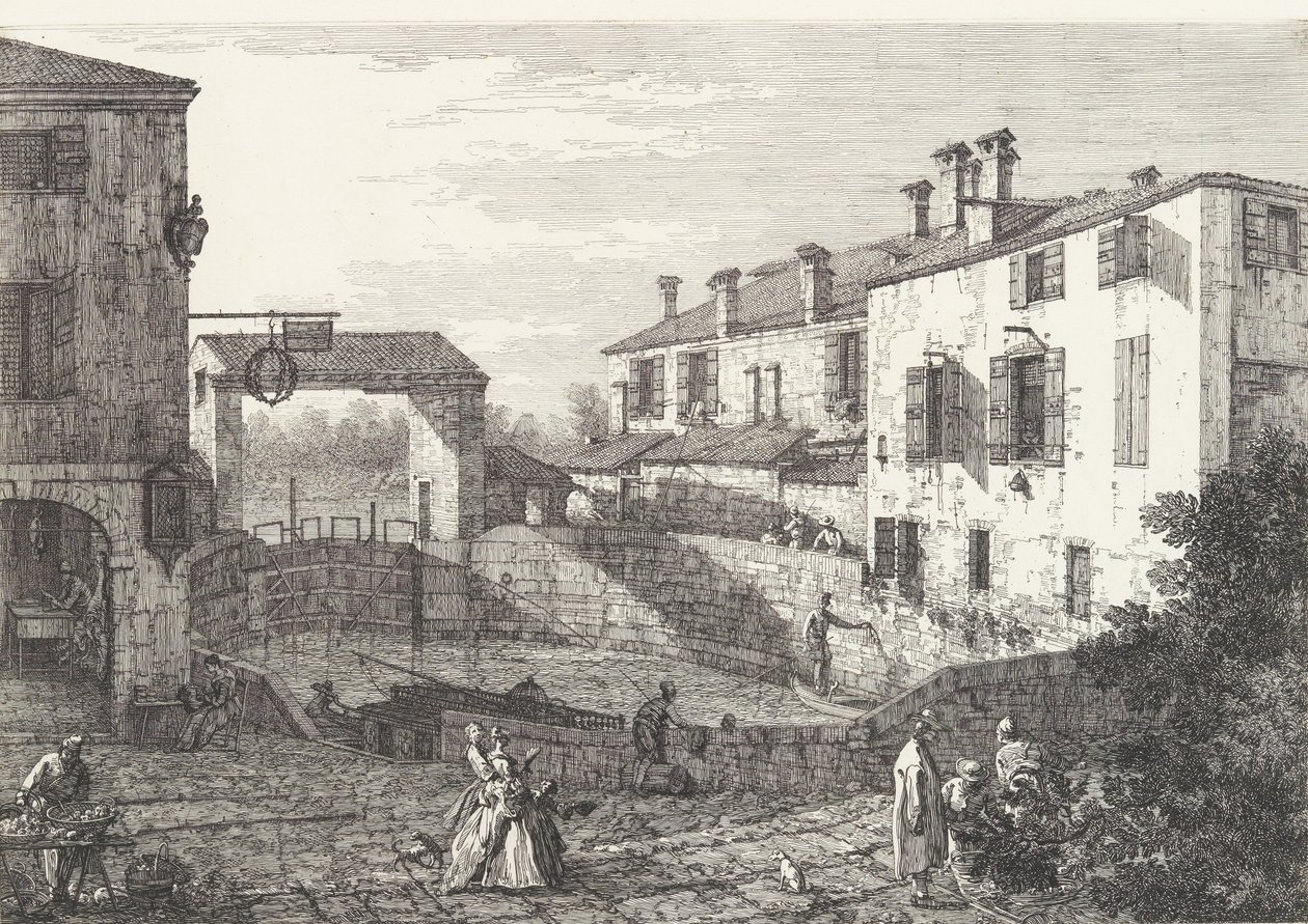 Le chiuse di Dolo, un bacino a forma ovale con barche al centro, edifici su entrambi i lati da Canaletto