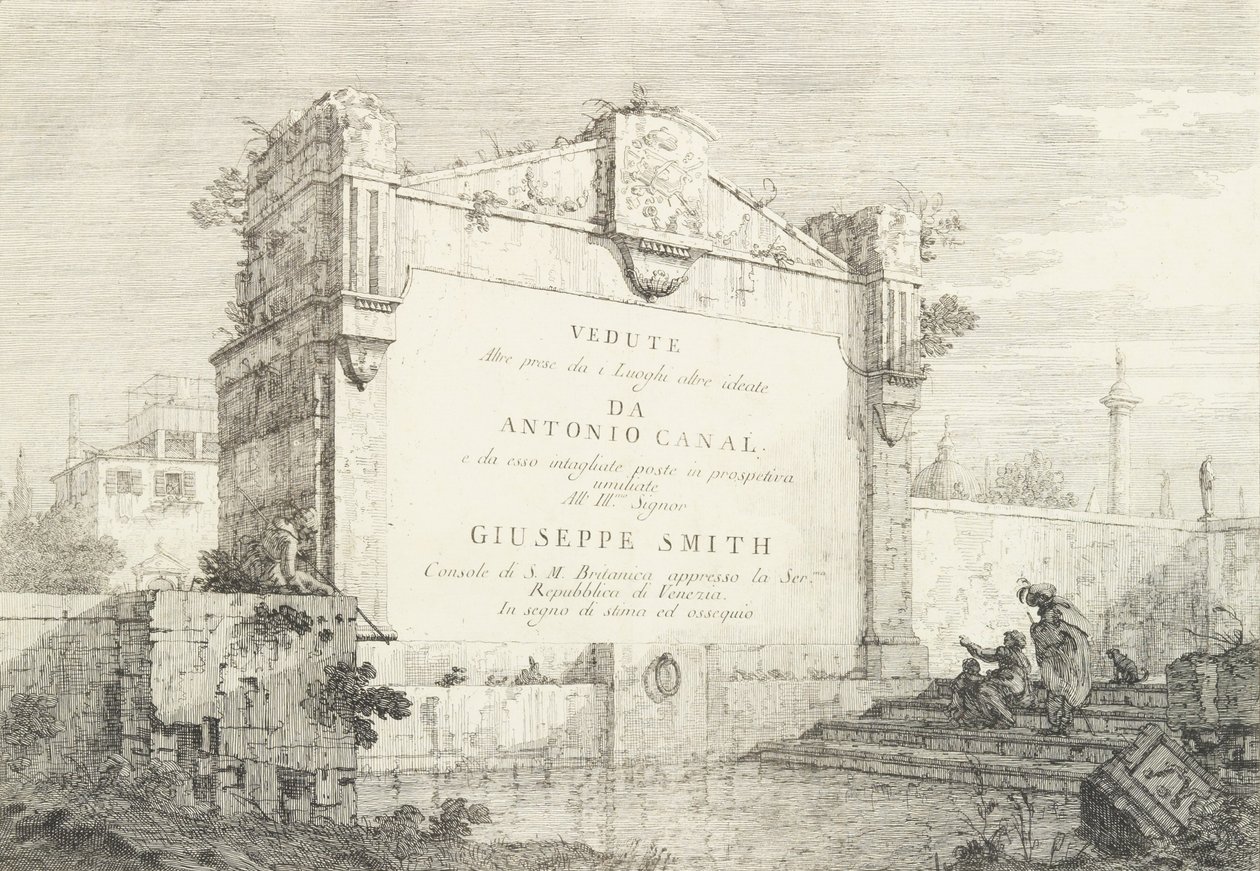 Pagina del titolo con un grande muro di una rovina classica, con una figura seduta a destra che indica da Canaletto