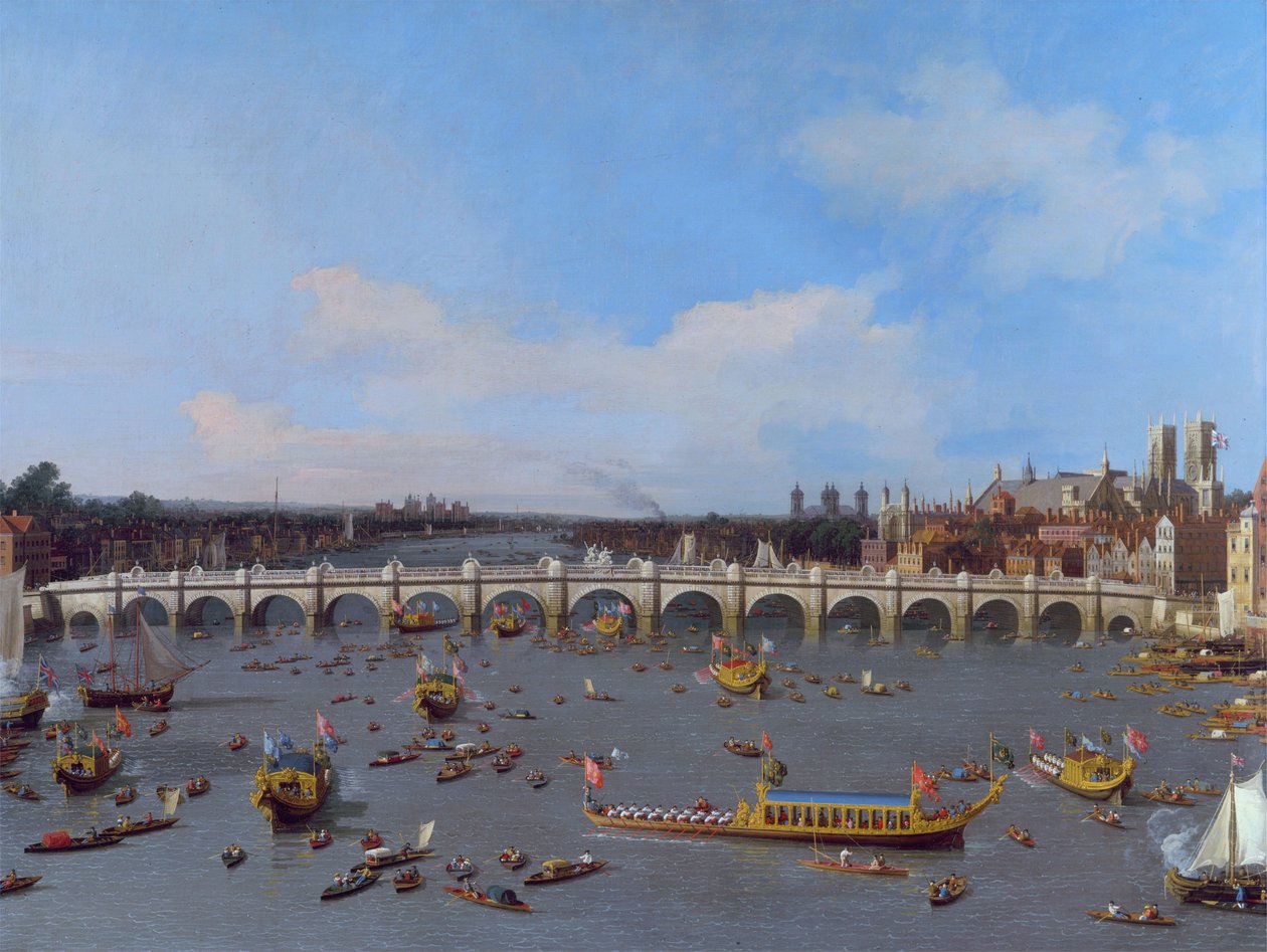 Ponte di Westminster, con la processione del sindaco sul Tamigi da Giovanni Antonio Canal
