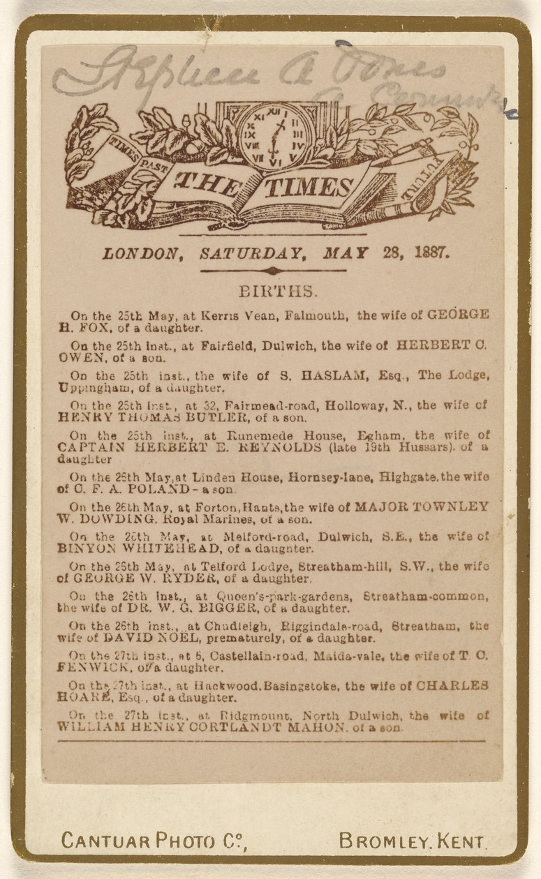 [Pagina di annuncio della nascita da "The Times", Londra, sabato 28 maggio 1887]. da Cantuar Photographic Company
