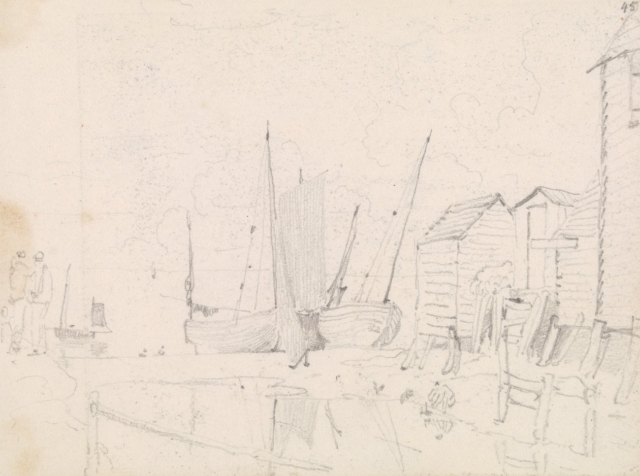 Schizzo di barche a vela arenate e cottage su palafitte, Hastings da Capt. Thomas Hastings