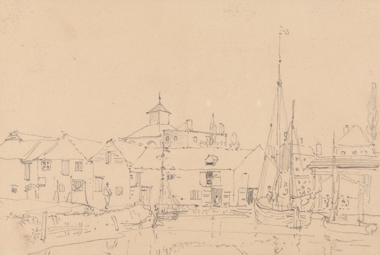 Schizzo di barche a vela ormeggiate vicino a un villaggio da Capt. Thomas Hastings