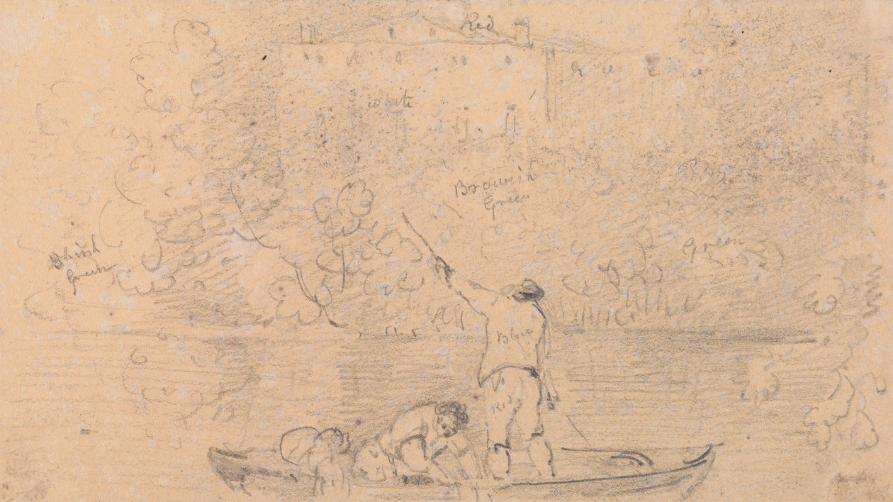 Schizzo di due uomini in una barca e una casa sulla riva da Capt. Thomas Hastings