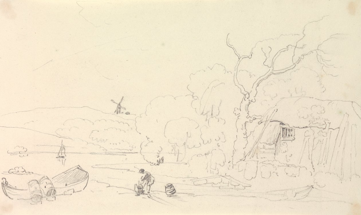 Schizzo di un cottage vicino al fiume con un mulino a vento in lontananza da Capt. Thomas Hastings
