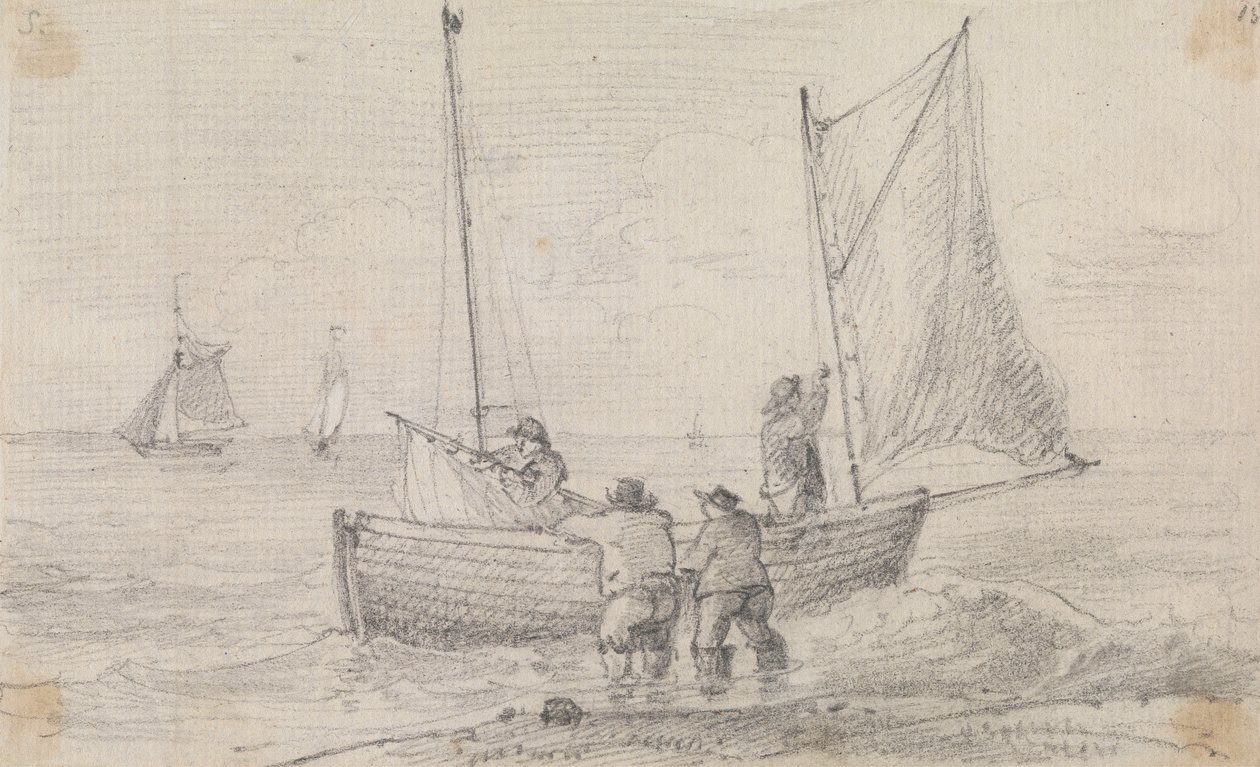 Schizzo di un gruppo che prepara le vele vicino alla riva, Hastings da Capt. Thomas Hastings