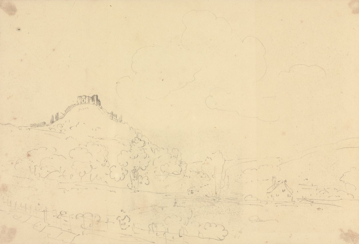 Schizzo di un castello sulla collina con case sotto da Capt. Thomas Hastings