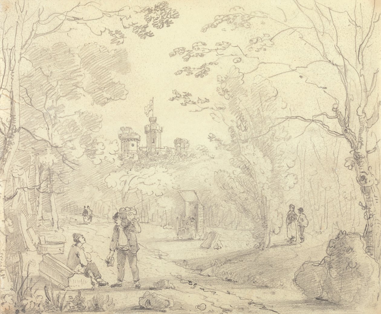 Schizzo di una scena di parco con il castello di East Cowes in lontananza, Isola di Wight da Capt. Thomas Hastings