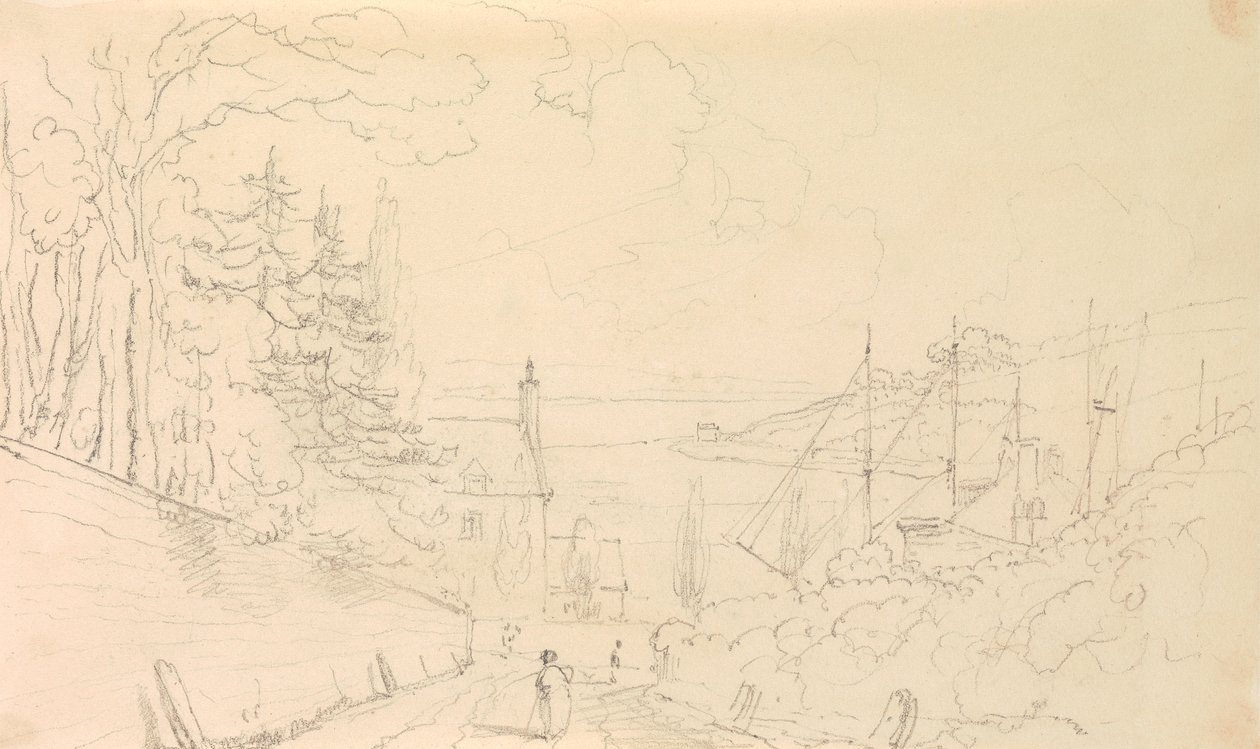 Schizzo di una strada che scende verso la riva con navi attraccate da Capt. Thomas Hastings