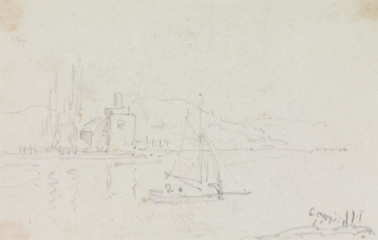 Schizzo di una Barca a Vela e di un Edificio sulla Riva da Capt. Thomas Hastings