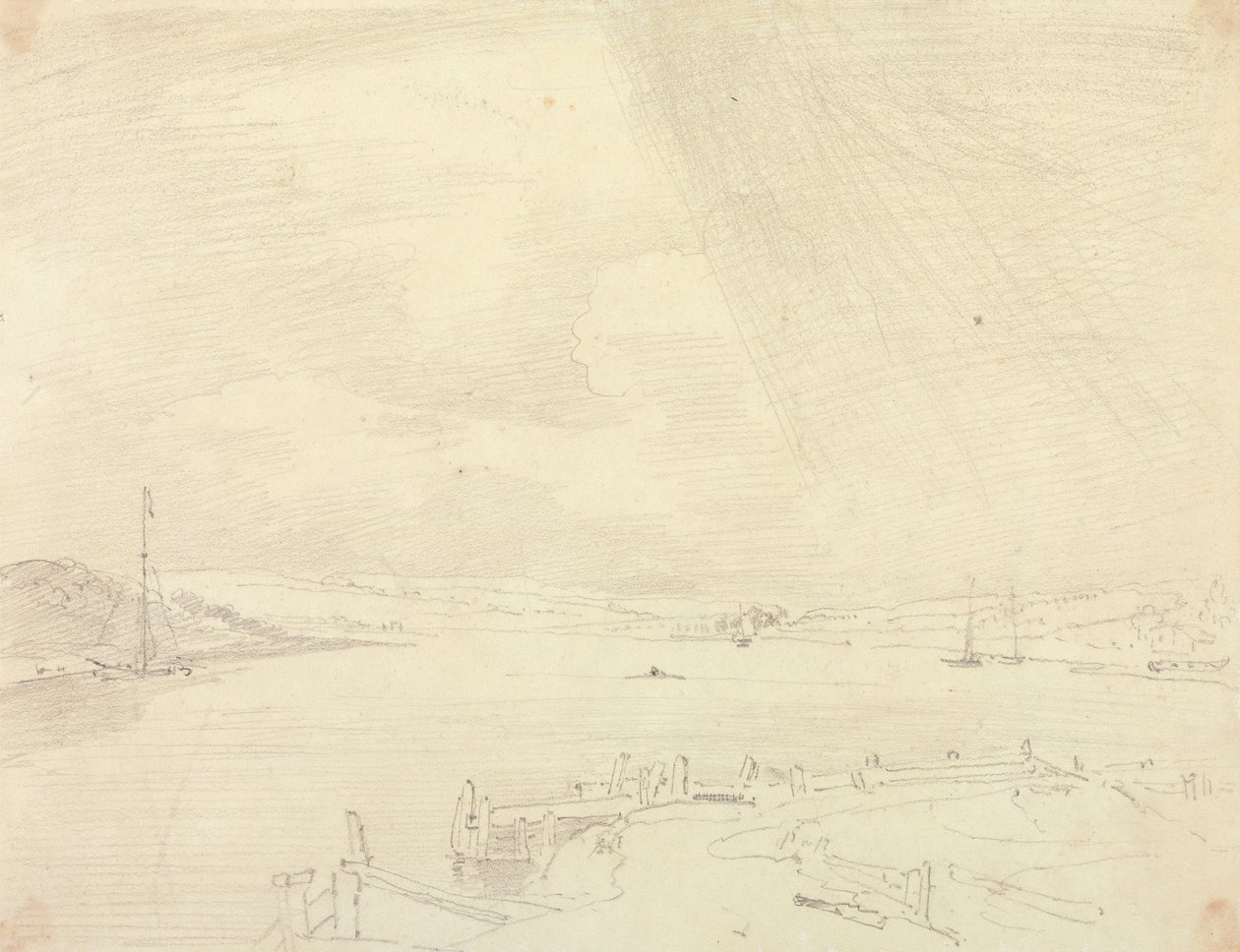 Schizzo di un paesaggio marino con molo in primo piano, Isola di Wight da Capt. Thomas Hastings