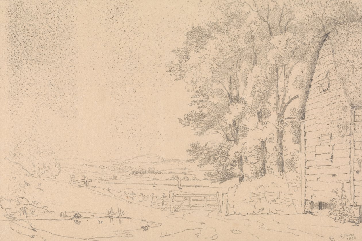 Schizzo di un edificio con tetto di paglia e un fiume oltre da Capt. Thomas Hastings