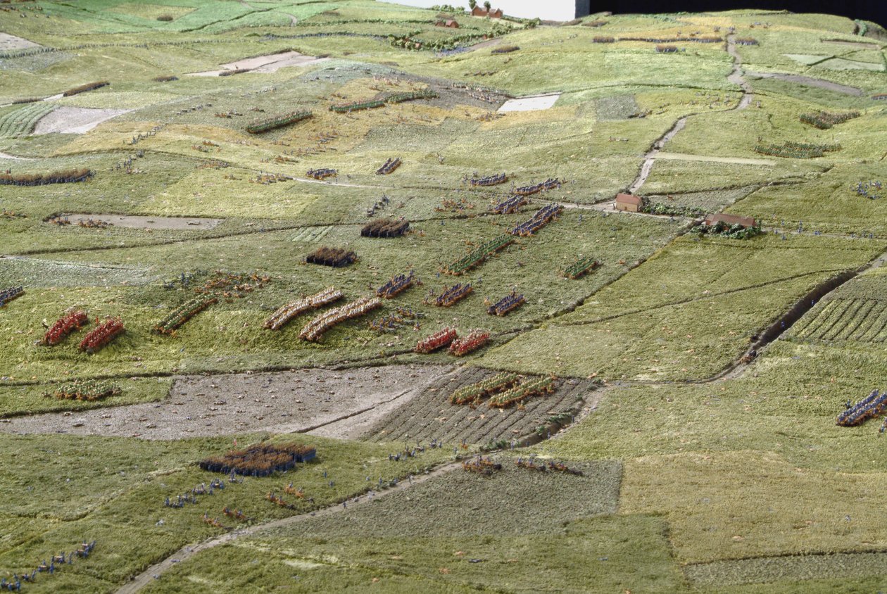 Diorama della Battaglia di Waterloo che mostra le truppe posizionate alle 19.45 del 18 giugno 1815 (media mista) (dettaglio) da Capt. William Siborne