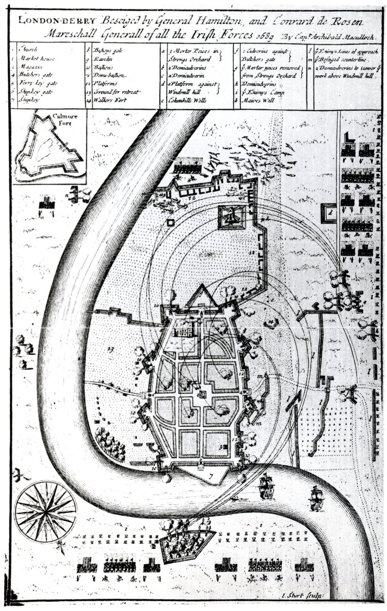 Londonderry assediata dal generale Hamilton e Conrad de Rosen, inciso da J. Sturt, 1689 da Captain Archibald Maculloch