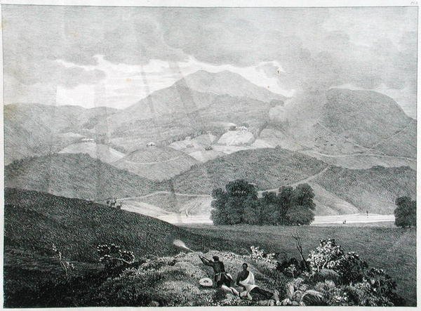 Vista di parte del lago e dei cottage a Ottacamund, Montagne di Neelgherry, tavola 3 da Vista delle Neilgherries, o Montagne Blu di Coimbetoor, India meridionale del Capitano McCurdy, pubblicato nel 1830 da Captain E. A. after McCurdy