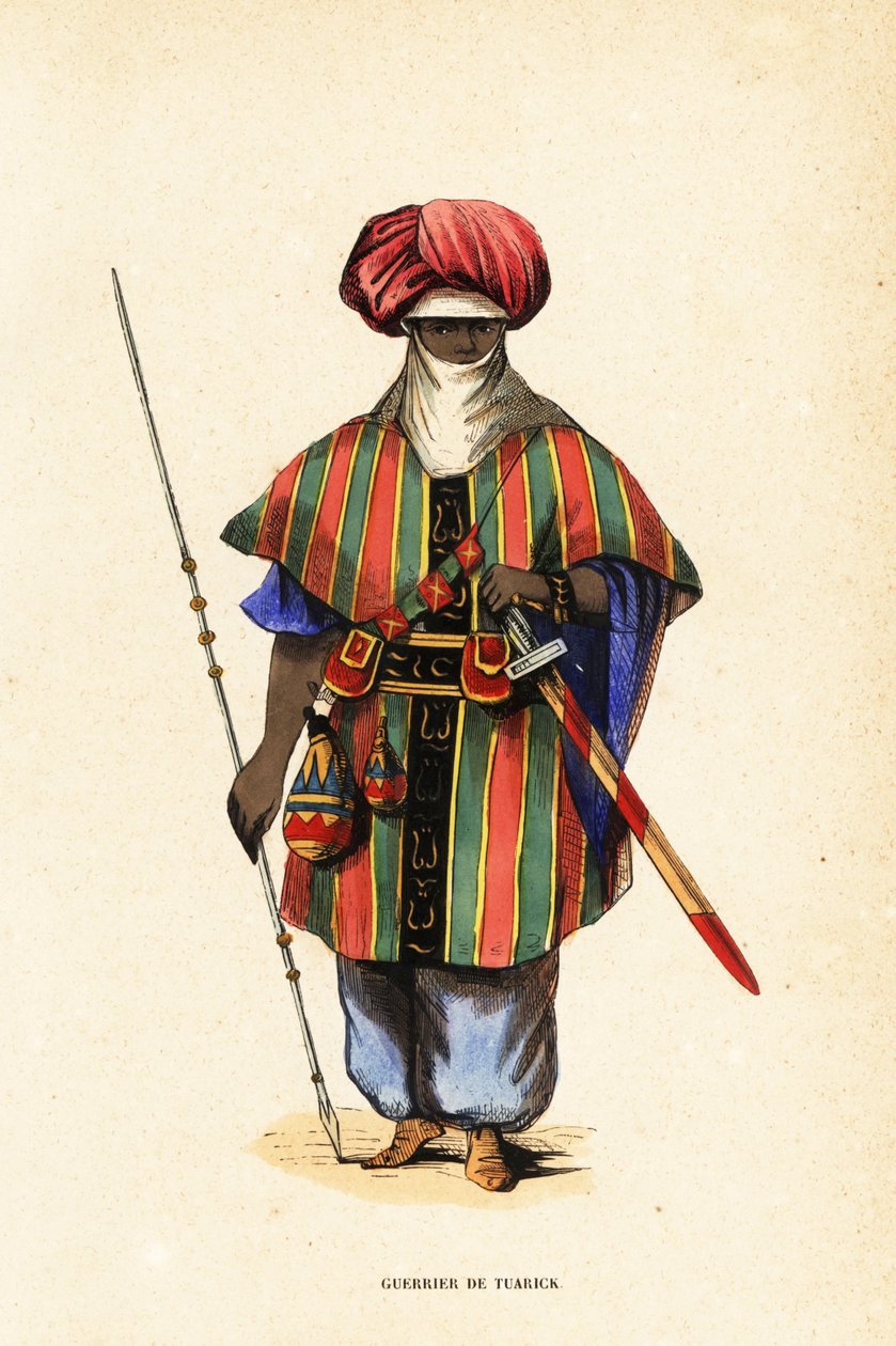 Nobile guerriero Tuareg di Agadez, Niger, in tagelmust (turbante e velo), taktkat (camicia) e akarbey (pantaloni) da Captain George Francis (after) Lyon