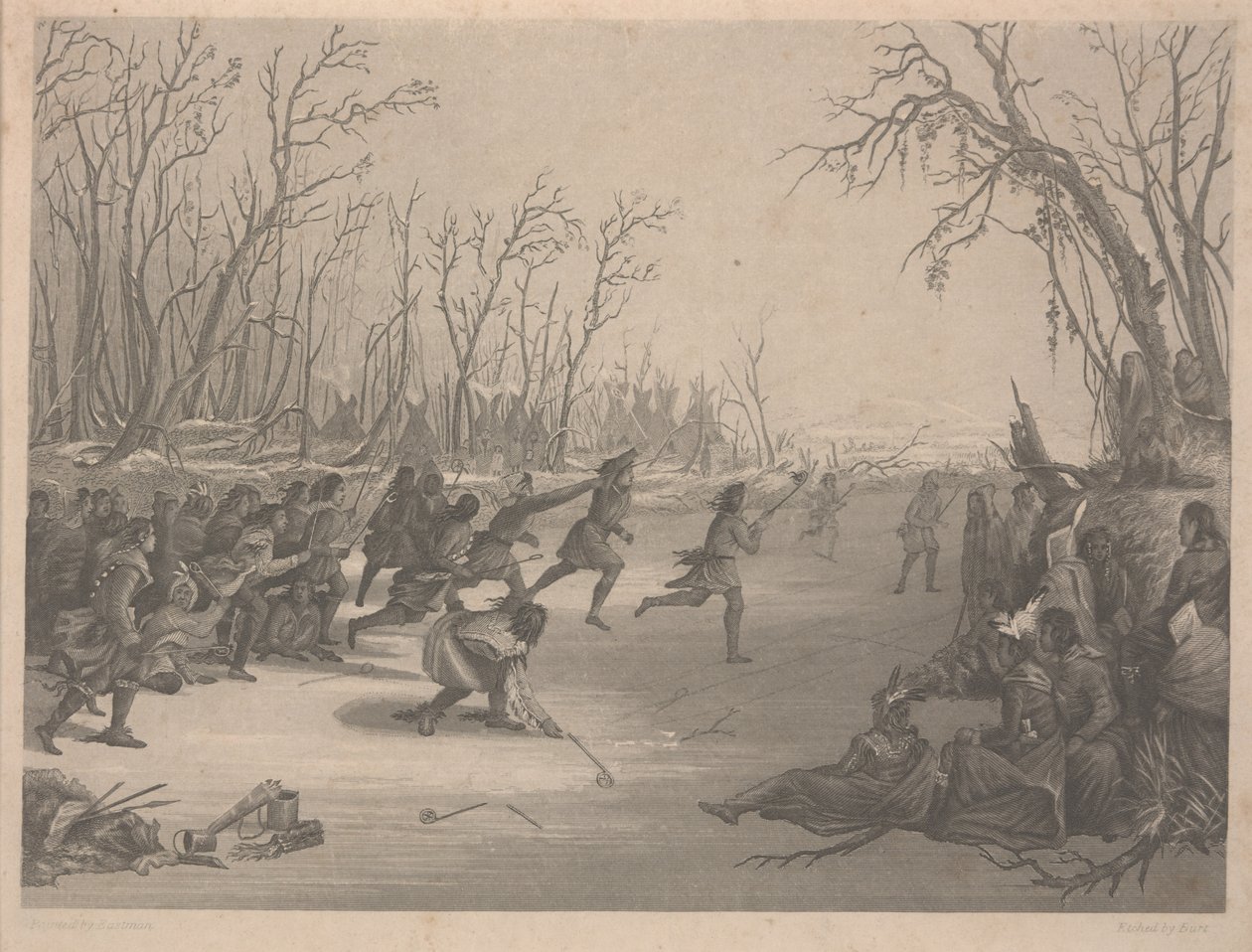 Gioco della palla degli indiani Dahcota (Sioux), incisione di Charles Kennedy Burt (1823-92), entro dicembre 1850 da Captain Seth Eastman