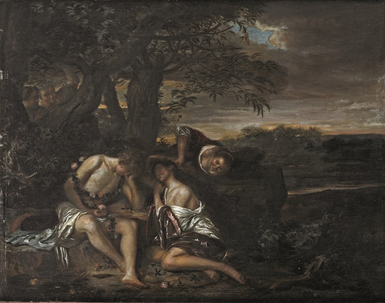 Una coppia dormiente, scoperta da tre donne in un paesaggio arcadico da Carel De Moor II (attr. to)