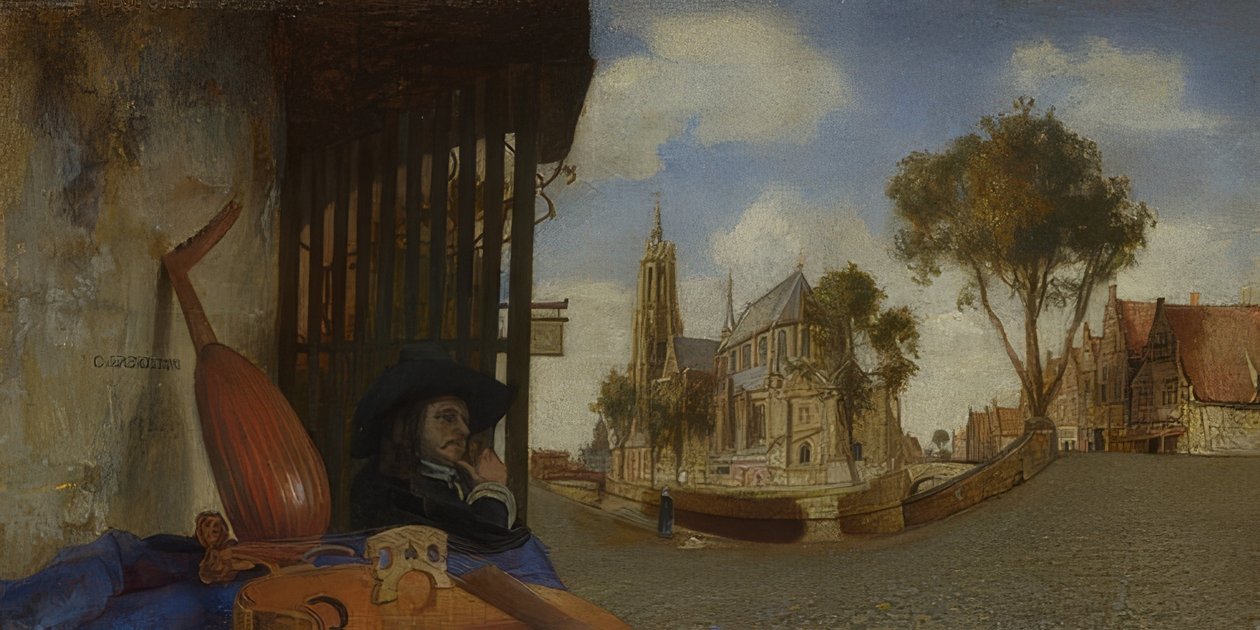 Veduta di Delft con bancarella di un venditore di strumenti musicali da Carel Fabritius
