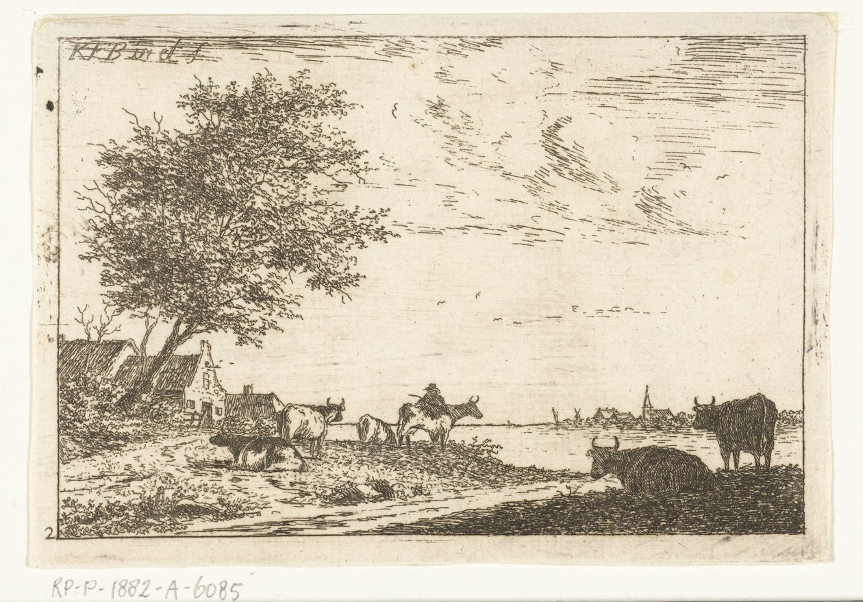 Paesaggio fluviale con contadino e mucche vicino alla fattoria Landschappen (serie) da Carel Frederik Bendorp (I)