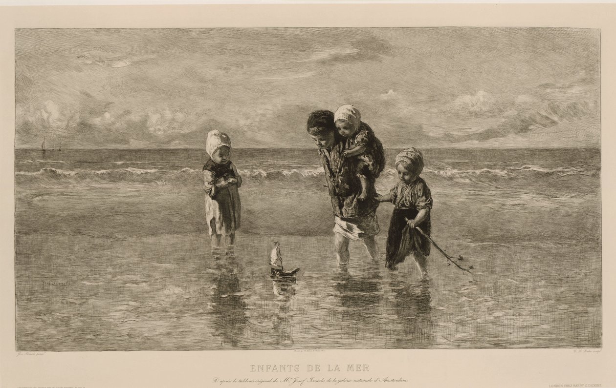 Quattro bambini giocano con una barchetta giocattolo sulla spiaggia in acque poco profonde (Bambini del mare) da Carel Lodewijk Dake