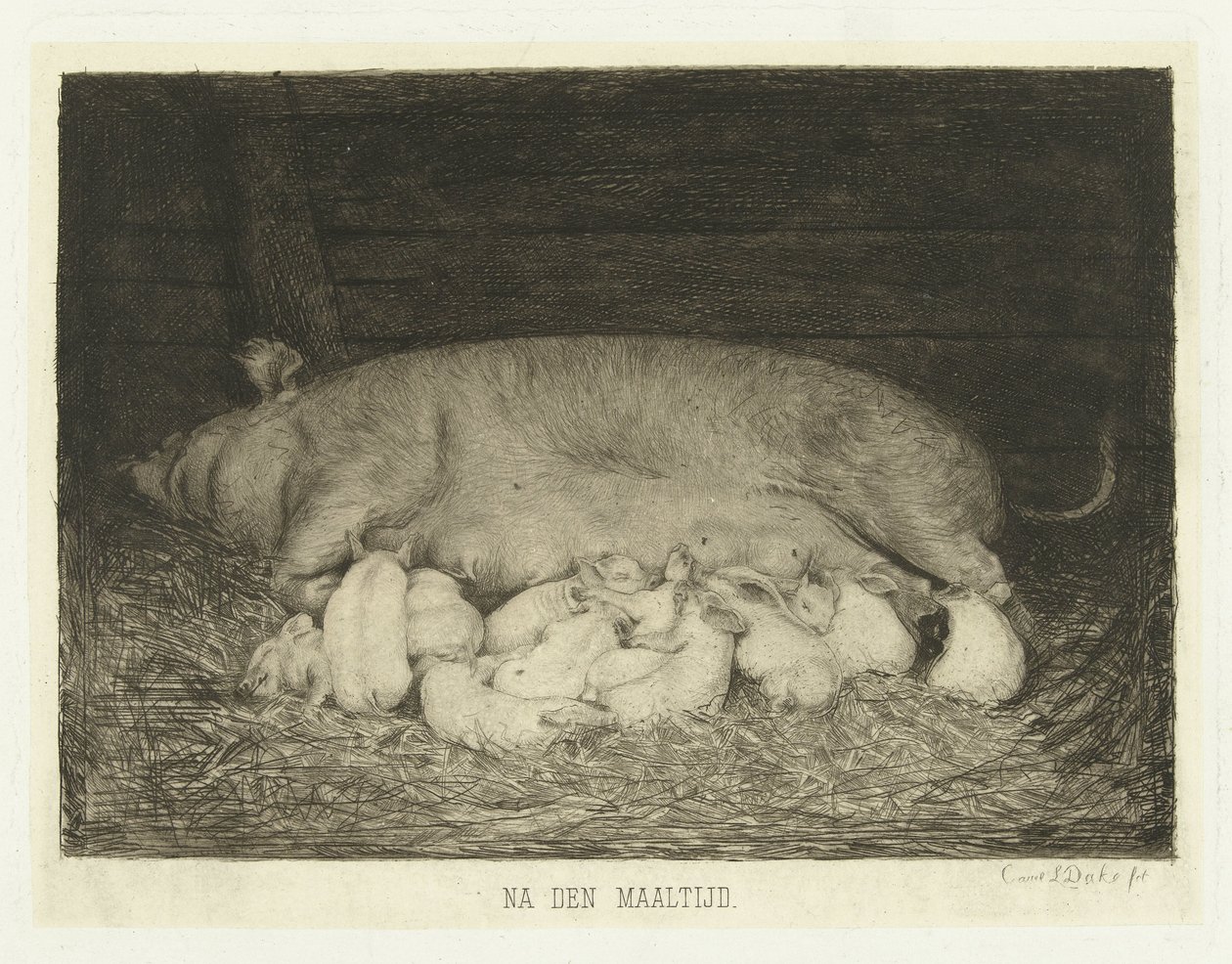 Scrofa con maialini sdraiati nella stalla da Carel Lodewijk Dake