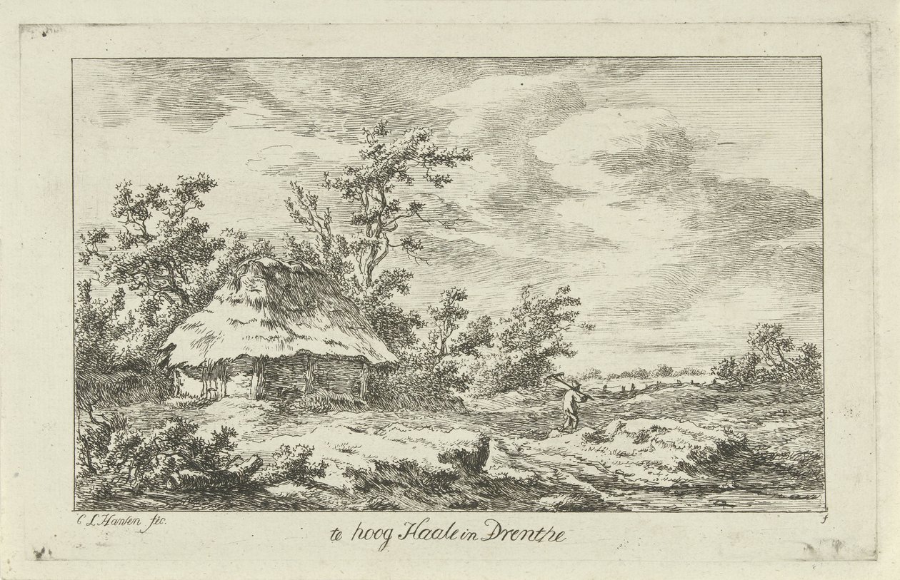 Uomo con rastrello vicino a un fienile (Te hoog Haale in Drenthe, titolo sull