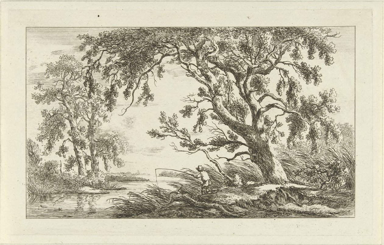Pescatore in un paesaggio fluviale da Carel Lodewijk Hansen