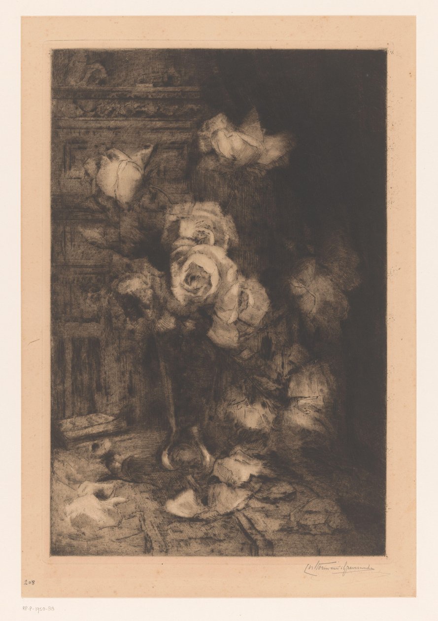Vaso con rose su tavolo da Carel Nicolaas Storm van 