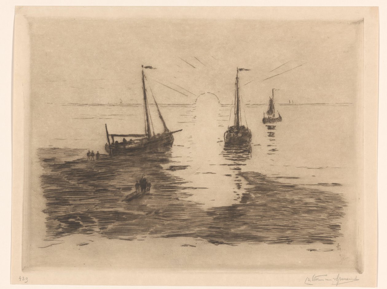 Paesaggio marino con barche a vela e tramonto Tramonto da Carel Nicolaas Storm van 