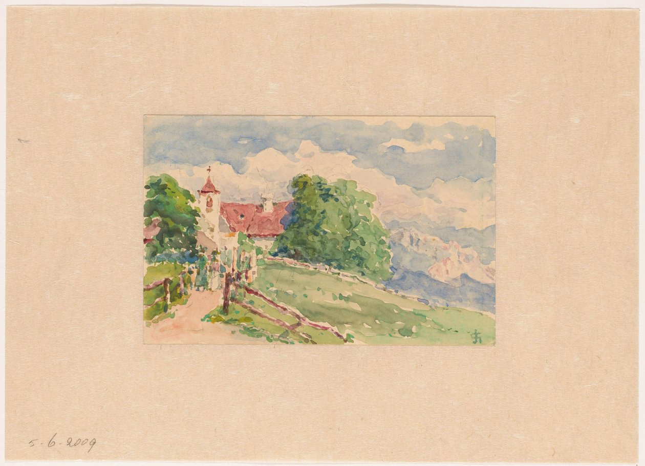 Oberbozen, una strada stretta conduce a una chiesa su un pendio da Carel Nicolaas Storm van 
