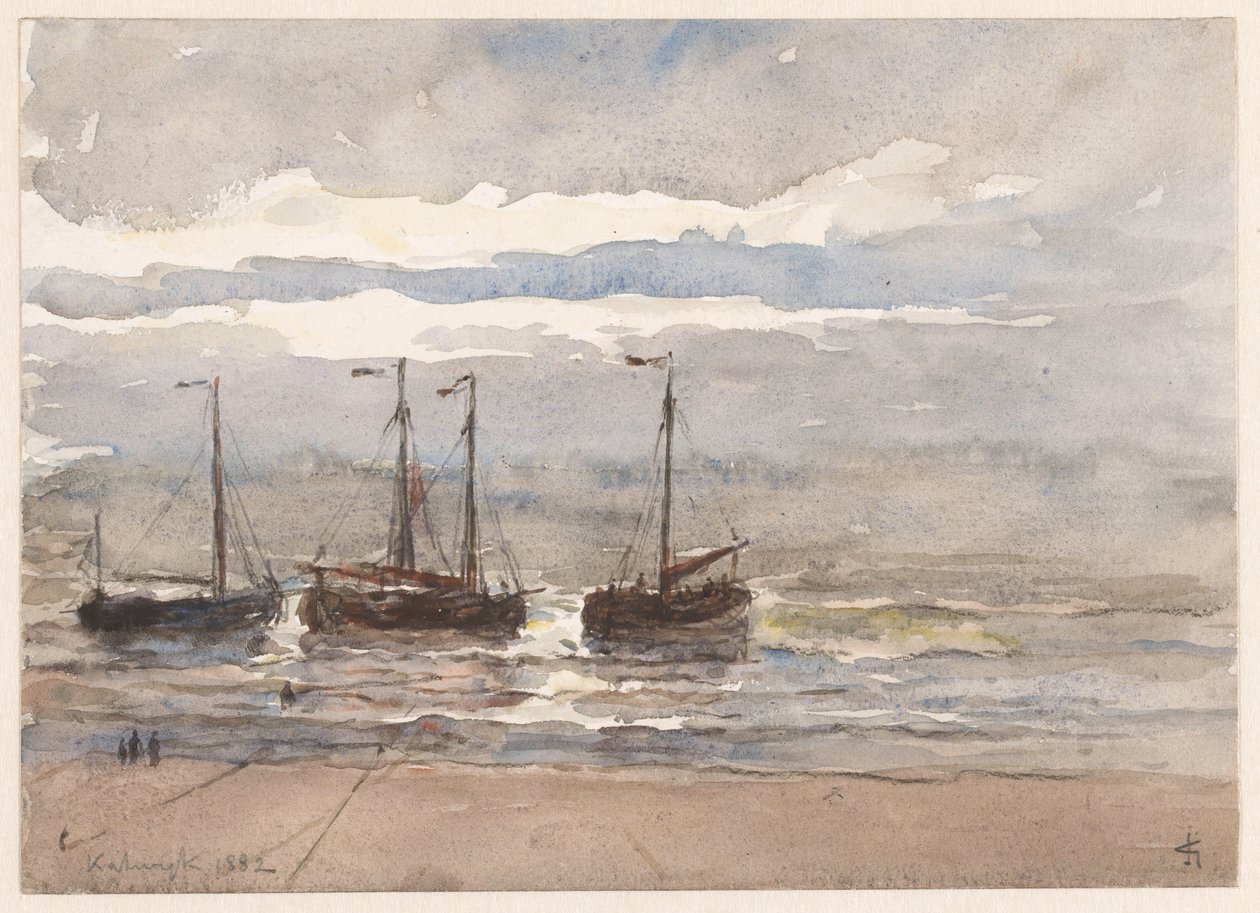 Barche da pesca sulla spiaggia di Katwijk con marea crescente da Carel Nicolaas Storm van 