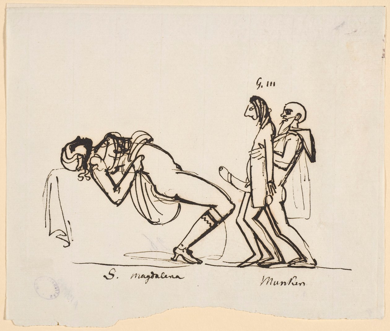 Caricatura del tentativo di Gustavo III di produrre un erede. Adolf Fredrick Munck assiste Gustavo nel suo primo rapporto sessuale con Sofia Magdalena (Carl August Ehrensvärd, ca. 1770s) da Carl August Ehrensvärd