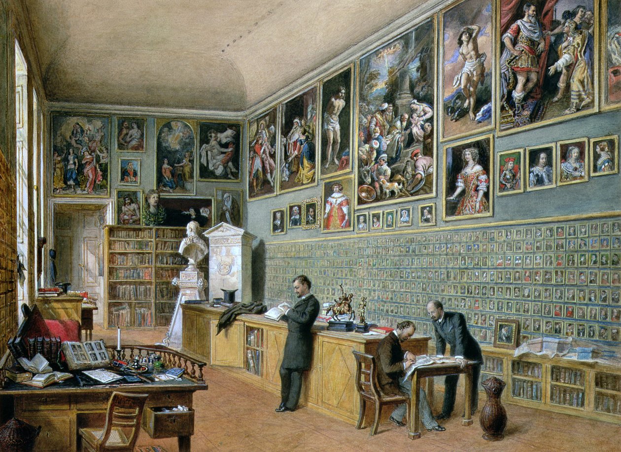 La biblioteca, in uso come ufficio della Galleria Ambras nel Belvedere Inferiore, 1879 da Carl Goebel