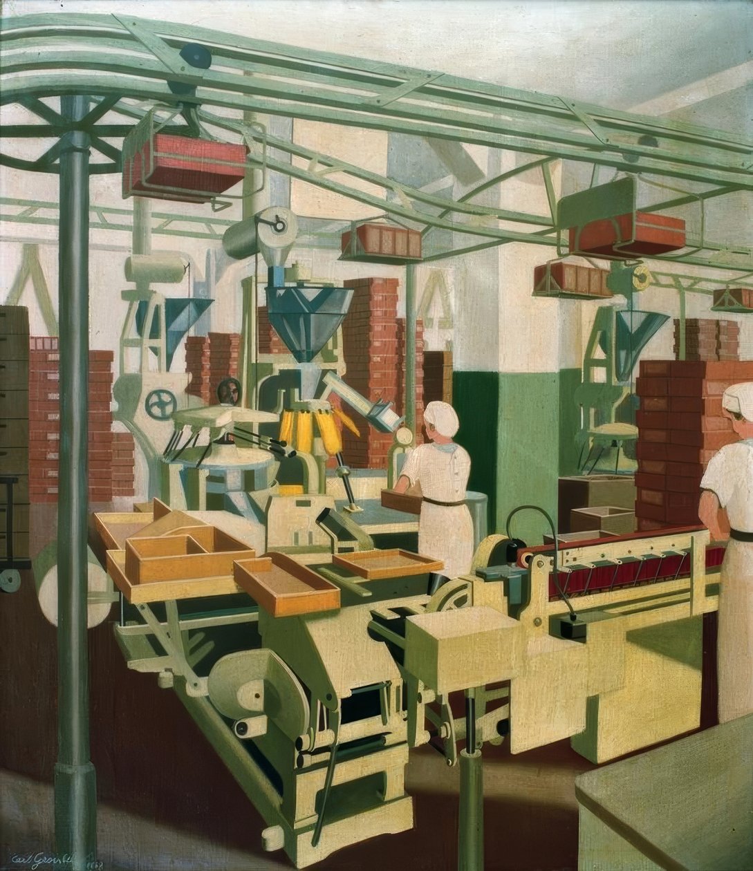 Sala macchine con due ragazze al lavoro da Carl Grossberg
