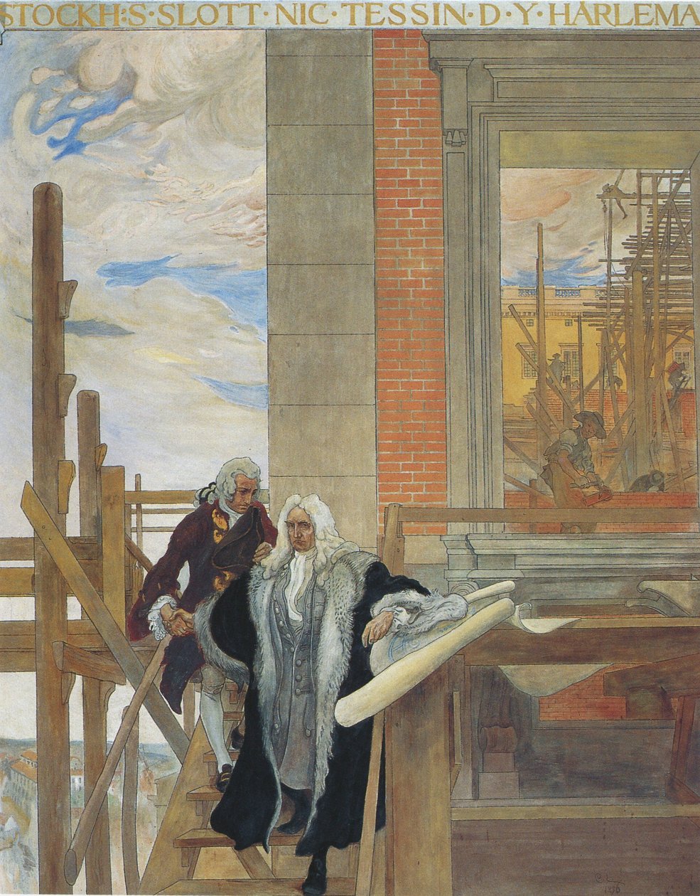 Uno degli affreschi del Museo Nazionale che mostra la costruzione del castello da Carl Larsson