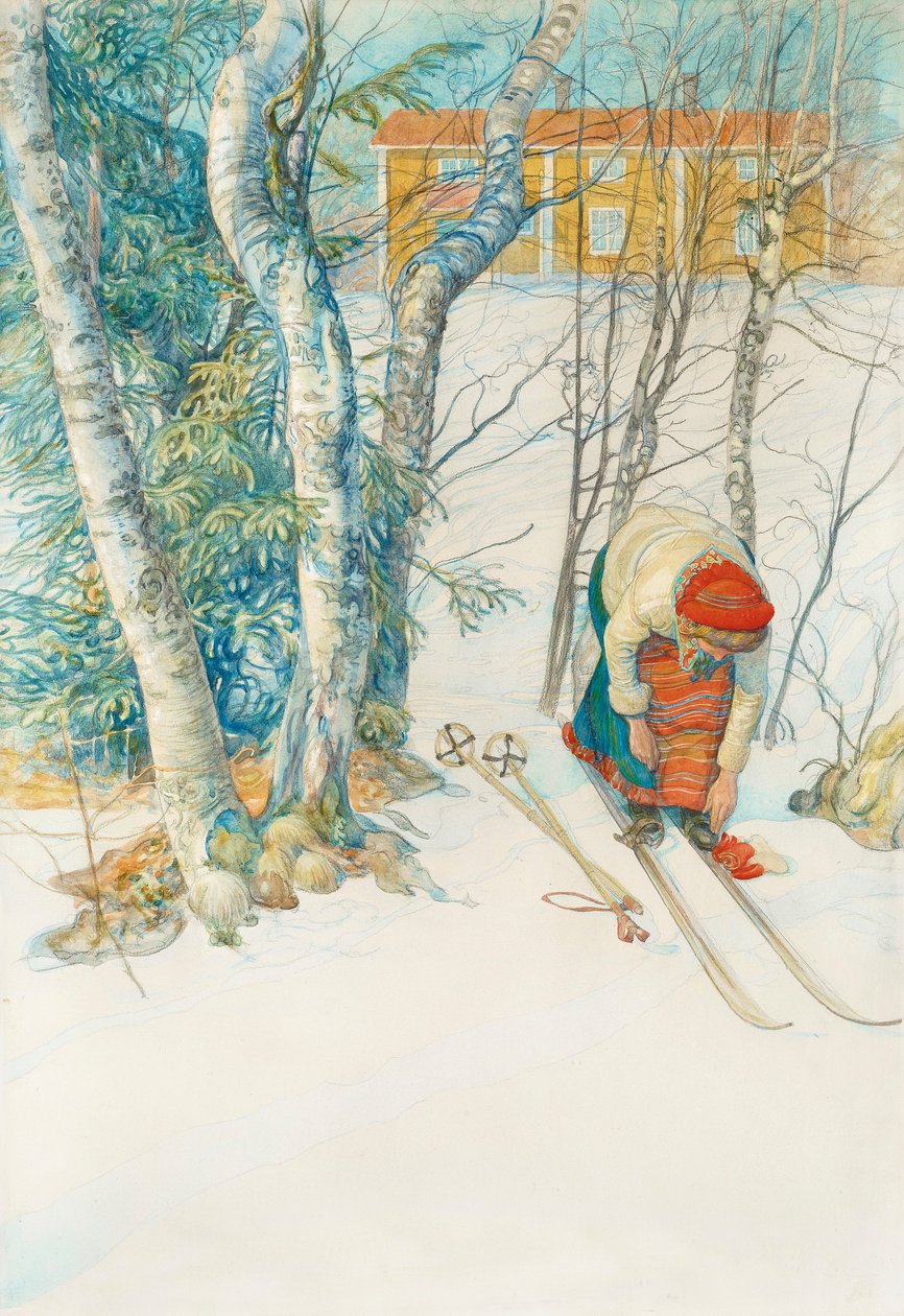 Ragazza che si allaccia gli sci da Carl Larsson