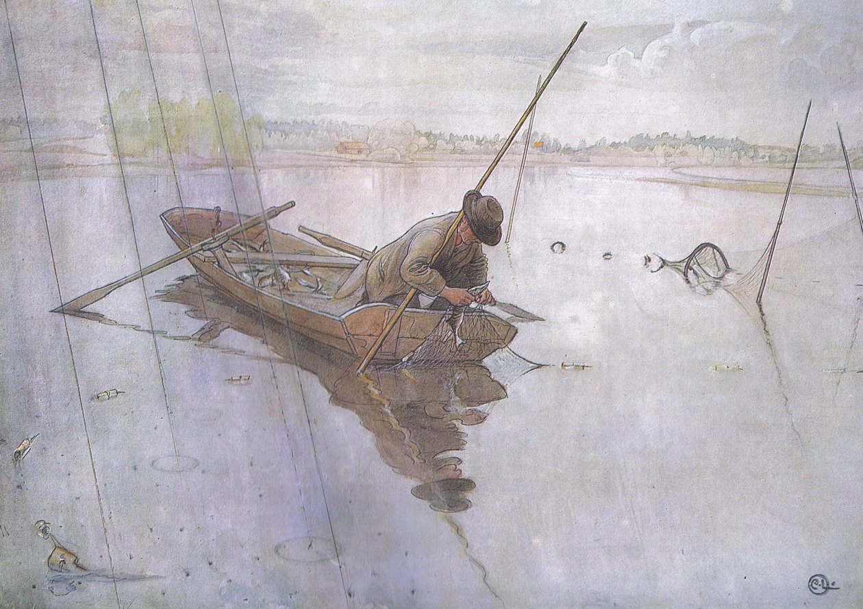 Johan che cattura un bel luccio da Carl Larsson
