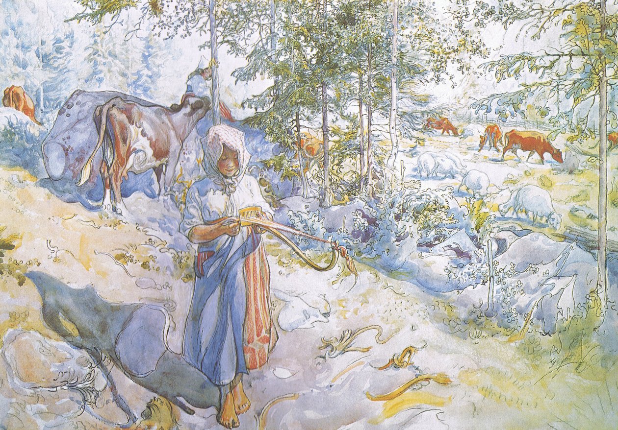 Alla fine arrivò la piccola Kertsi con un ramoscello di salice per guidare le mucche da Carl Larsson
