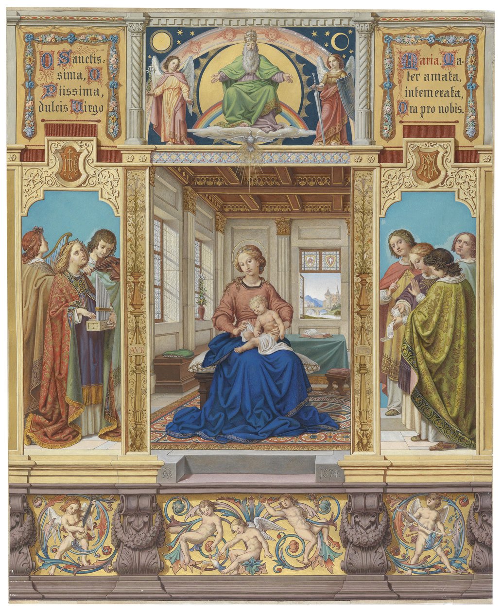 La Vergine Maria, madre di Gesù, seduta in una stanza, circondata da angeli musicanti da Carl Mayer