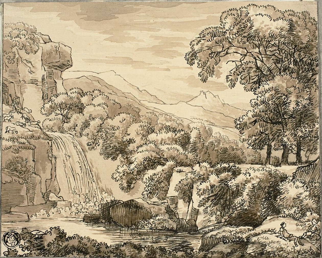 Paesaggio montano con cascata e figure da Carl August Lebschee