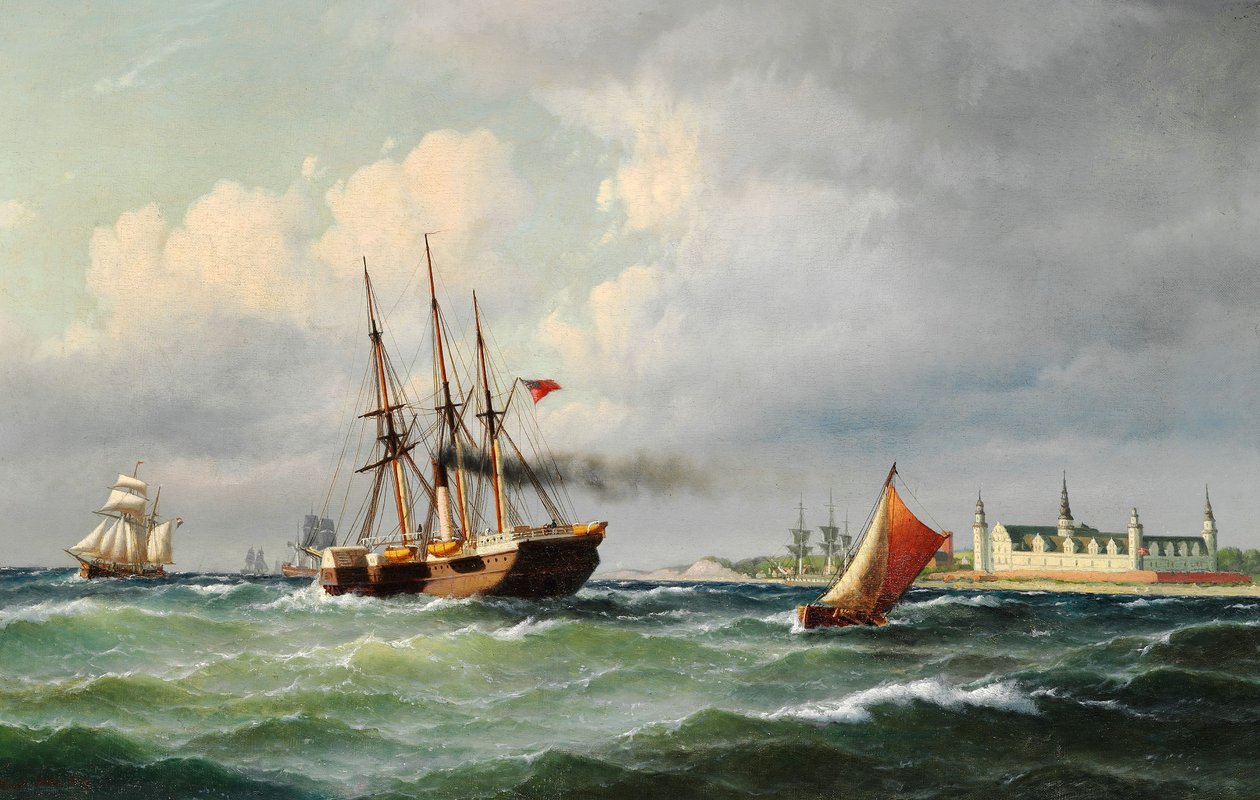 Danese: Paesaggio marino al largo di Kronborg con numerose navi e una barca pilota Paesaggio marino al largo di Kronborg con numerose navi e una barca pilota da Carl Bille