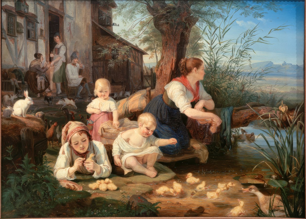 Madre con bambini allo stagno del villaggio da Carl Engel von Rabenau