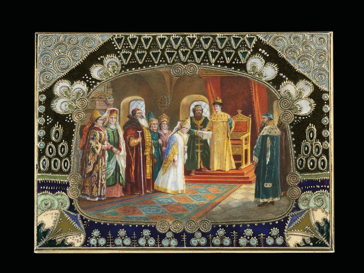 Dettaglio del Cartiglio Dipinto da una Scatola da Tavolo, raffigurante lo Zar Alessio Michajlovic che sceglie una Sposa, c.1908-1917 da Carl Fabergé